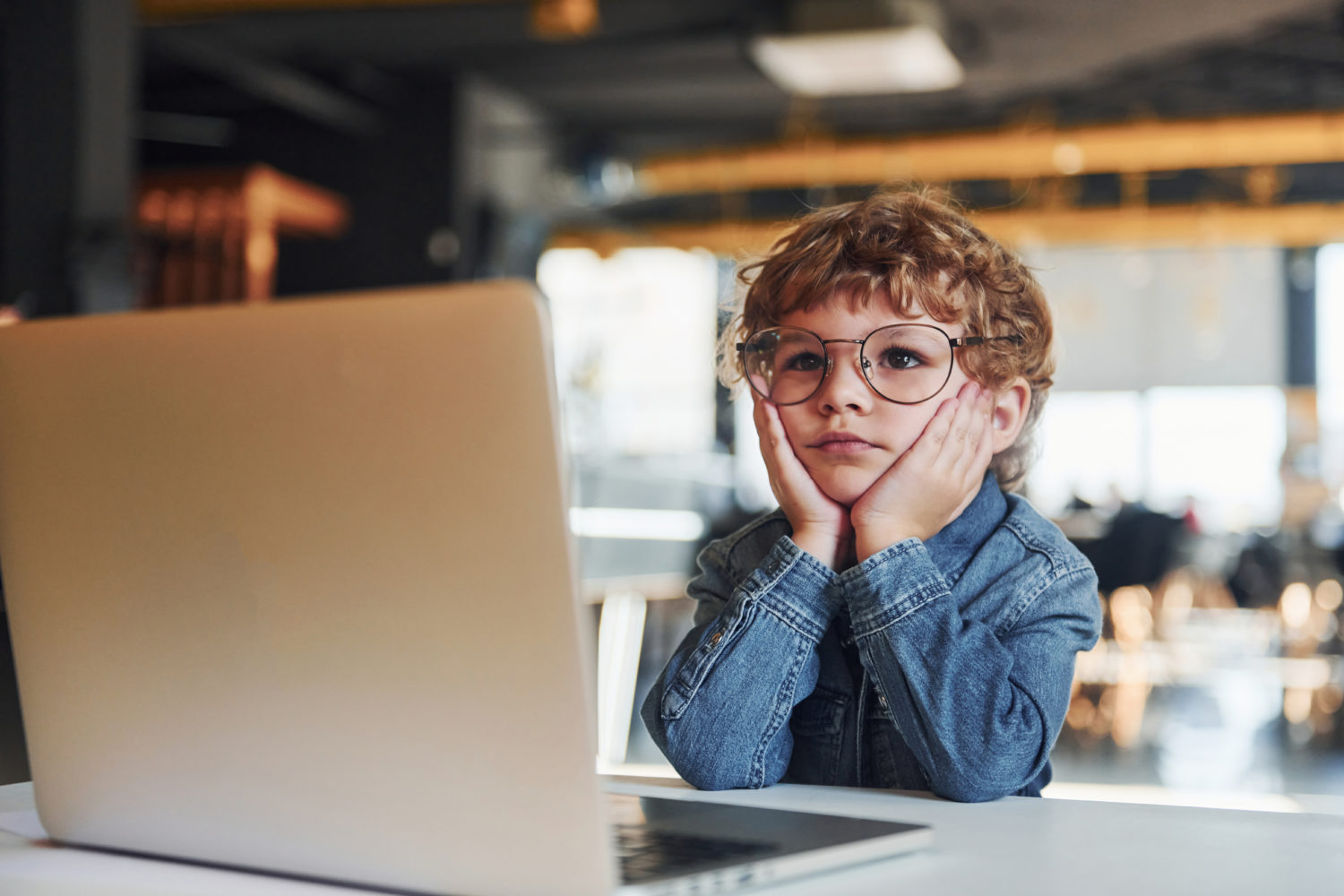 Smart child in casual clothes and in glasses using laptop for education purposes.